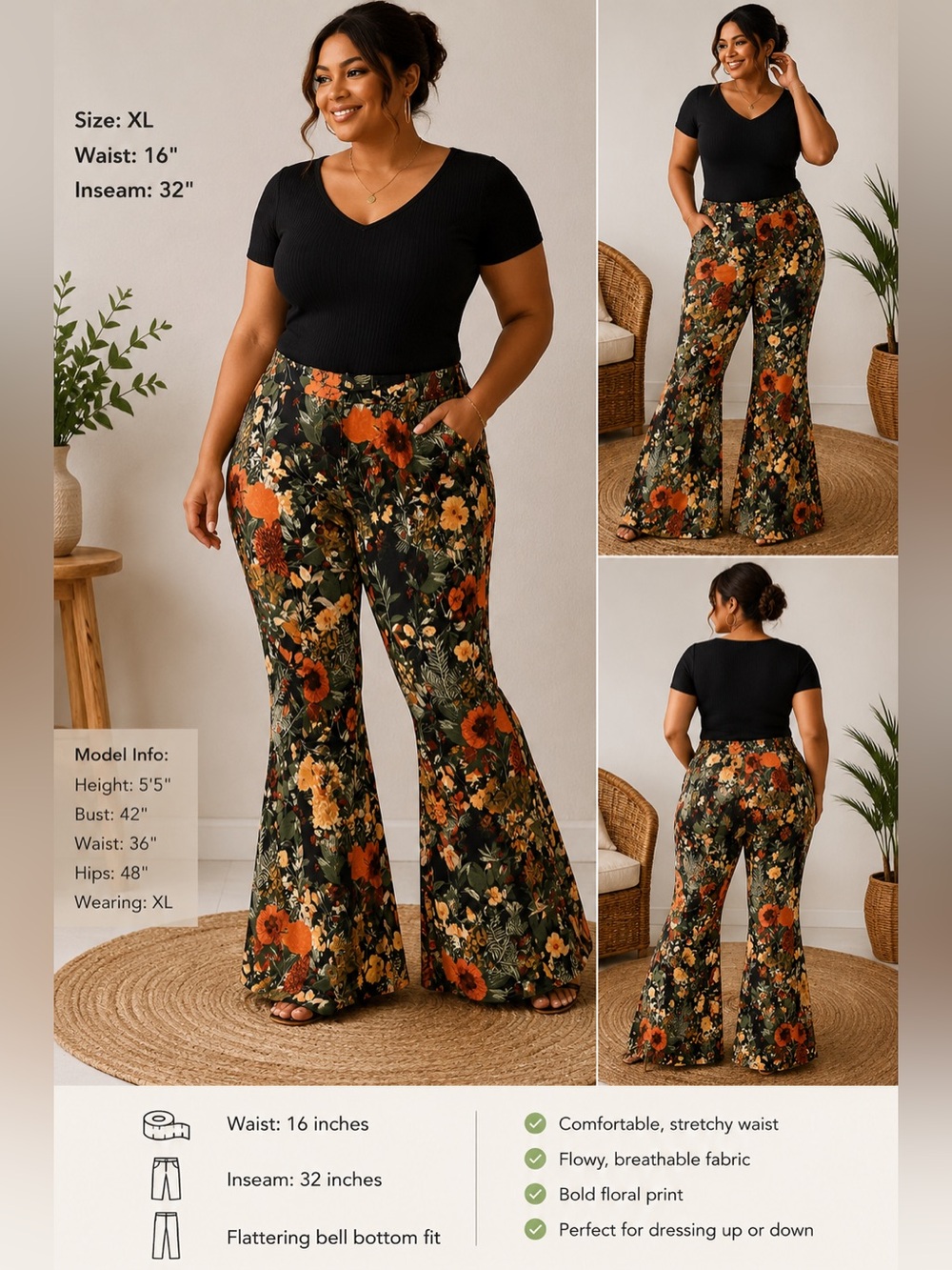 like an angel Black Floral Bootcut Pants with Orange & Cream Blooms